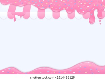 Bakery background. Bakery shop topping with pink liquid and multicolor sugar sprinkles.