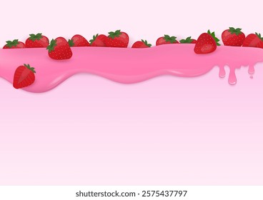 Bakery background. Strawberries flowing on glazed liquid with a light pink background and copy space. 