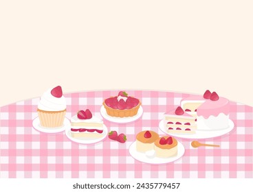 Bakery background. Strawberry cake, cupcake, pancake, and strawberry tart with a plaid pattern on a cream background.