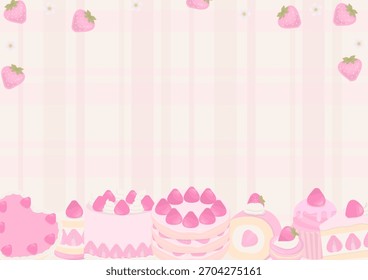 Fundo da padaria. Bolo de morango e sobremesa rosa com um padrão de morango em um fundo xadrez.