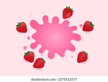 Bakery background. Strawberry juice splashed with red strawberries on a light pink background. 