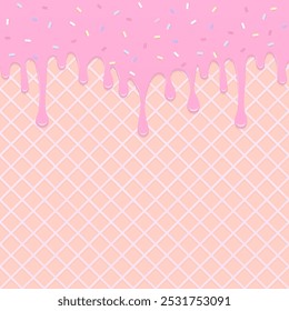 Bakery background. Strawberry milk or pink icing melting on ice cream waffle cone pattern with sugar sprinkles.