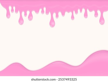 Bakery background. Strawberry milk or pink liquid melting on a cream background with copy space.