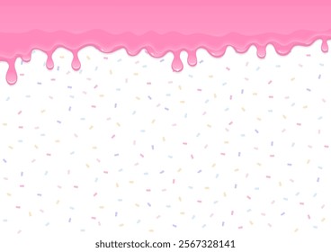 Bakery background. Strawberry sauce melting with pastel sugar sprinkles pattern on a white background.