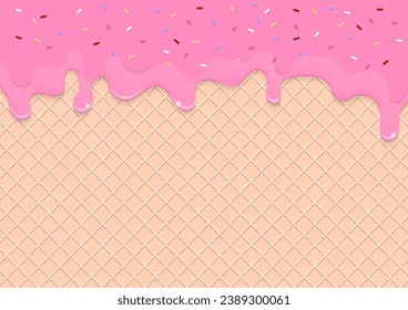 Bakery background. Strawberry sauce with multicolor sugar sprinkles on ice cream cone pattern.