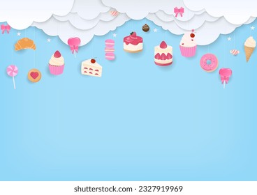 Bakery background. Sweet bakery and candy with a cloud on blue background. Paper art style.