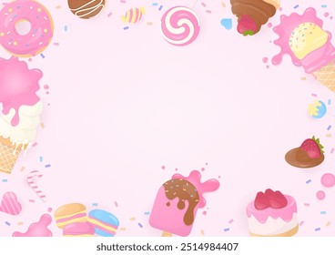 Bakery background. Sweet bakery and candy frame with liquid bubbles and sugar sprinkles on a pink background.