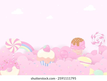Bakery background. Sweet candy, ice cream, and dessert on a cloud decorated with pastel sugar sprinkles on a light pink background.