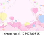 Bakery background. Sweet candy on a pink cloud with pastel hot air balloon and a colorful flag. Paper art style.