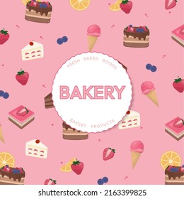 Bakery background with sweet dessert and fruit on pink background. Hand drawn style.