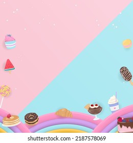 Bakery background, sweet dessert and rainbow mid-air with pastel color.