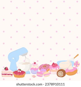 Bakery background. Sweet bakery with an electric mixer and mixing bowl on a polka dot pattern and white background.
