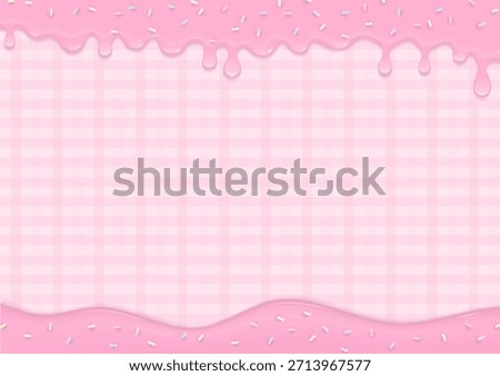 Bakery background. Sweet pink cream with pastel sugar sprinkles melting on a pink plaid background.