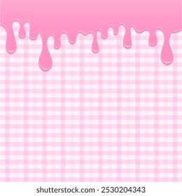 Bakery background. Sweet pink melting icing on a plaid pattern with copy space.