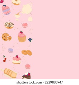 Bakery background. Teapot with a dessert, bread, and space for copy text.