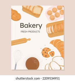 Bakery background template design with bread, croissant,  cookie, coffee, and baking tools.
