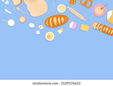 Bakery background. Top view bread and pastry recipe with baking ingredients and cooking utensils on a blue background.