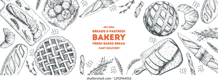 Bakery background. Bakery  top view frame. Hand drawn sketch with bread, pastry, sweet. Bakery set vector illustration. Background design template . Engraved food image