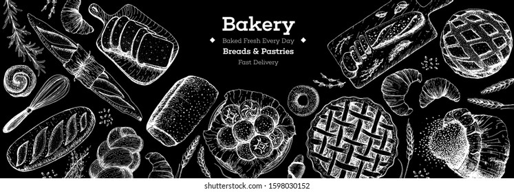 Bakery background. Bakery top view frame. Hand drawn sketch with bread, pastry, sweet. Bakery set vector illustration. Background design template . Engraved food image. Black and white package design.