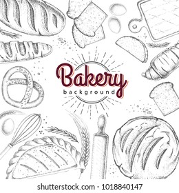 Bakery background. Top view of bakery products
