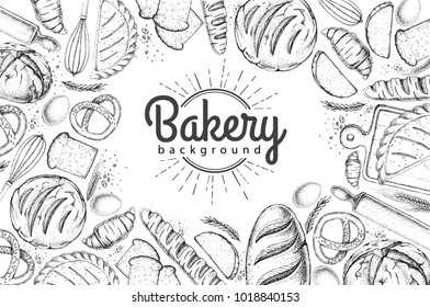 Bakery background. Top view of bakery products