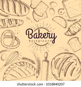 Bakery background. Top view of bakery products
