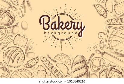 Bakery background. Top view of bakery products