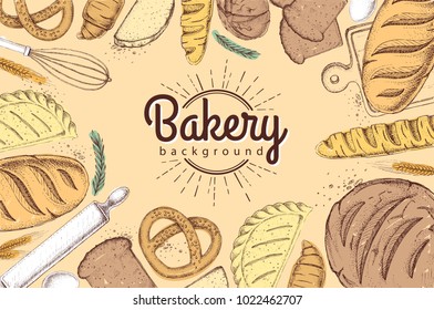 Bakery background. Top view of bakery products