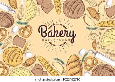 Bakery background. Top view of bakery products