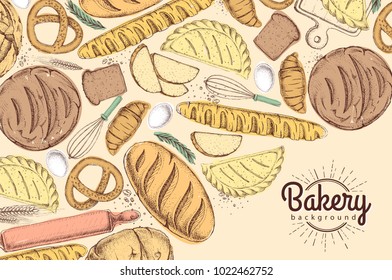 Bakery background. Top view of bakery products