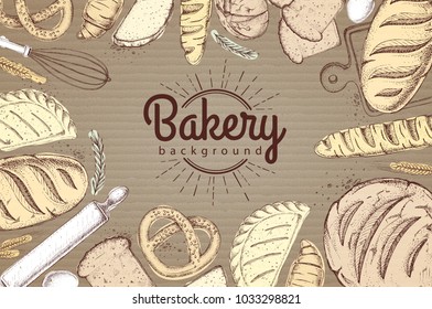 Bakery background. Top view of bakery products on cardboard background