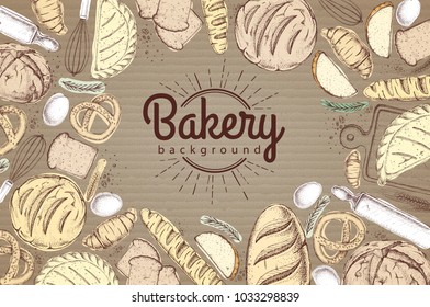 Bakery background. Top view of bakery products on cardboard background