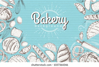 Bakery background. Top view of bakery products on cardboard backgrond