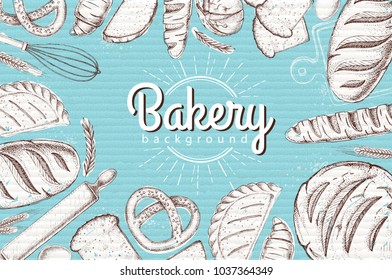 Bakery background. Top view of bakery products on cardboard backgrond