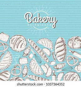 Bakery background. Top view of bakery products on cardboard backgrond