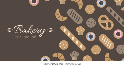 Bakery background. Top view of bakery products. Vector illustration Bread and bun banner for bakery shop template