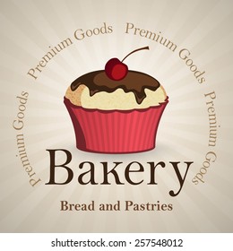Bakery background and vanilla cupcake with chocolate icing and cherry