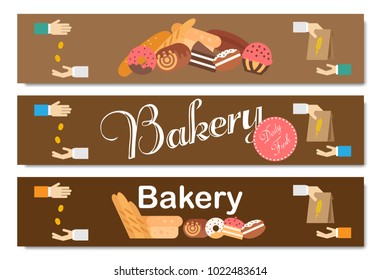 Bakery background vector flat. Bread and pastries banner set.