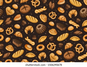 Bakery background. Vector seamless pattern with pastry. Hand drawn cakes and pies wallpaper. Bread objects on black background.