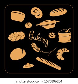 Bakery background with wheat ear, flour bag, dough rolling and bread assortment in square frame. Vector illustration