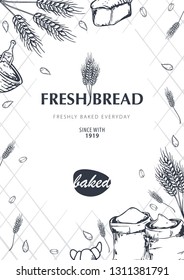 Bakery background with wheats. Linear graphic. Bread banner collection. Bread house. Vector illustration