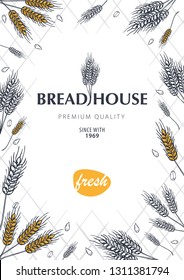Bakery background with wheats. Linear graphic. Bread banner collection. Bread house. Vector illustration