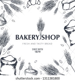 Bakery background with wheats. Linear graphic. Bread banner collection. Bread house. Vector illustration