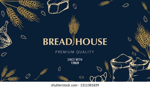 Bakery background with wheats. Linear graphic. Bread banner collection. Bread house. Vector illustration