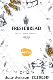 Bakery background with wheats. Linear graphic. Bread banner collection. Bread house. Vector illustration