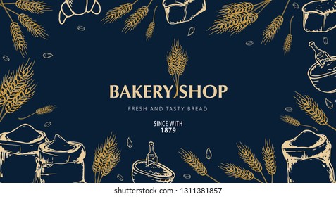 Bakery background with wheats. Linear graphic. Bread banner collection. Bread house. Vector illustration