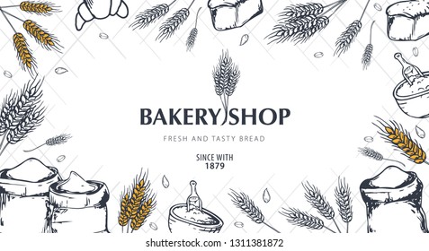 Bakery background with wheats. Linear graphic. Bread banner collection. Bread house. Vector illustration