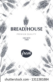 Bakery background with wheats. Linear graphic. Bread banner collection. Bread house. Vector illustration