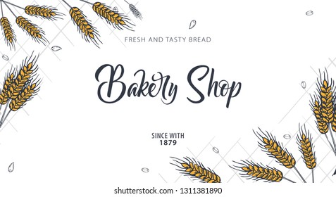 Bakery background with wheats. Linear graphic. Bread banner collection. Bread house. Vector illustration