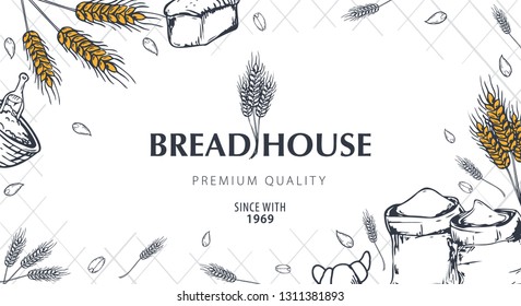 Bakery background with wheats. Linear graphic. Bread banner collection. Bread house. Vector illustration